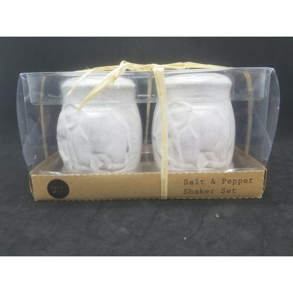Indian Elephant Salt and Pepper Shakers Ceramic Distressed White Washed Finish